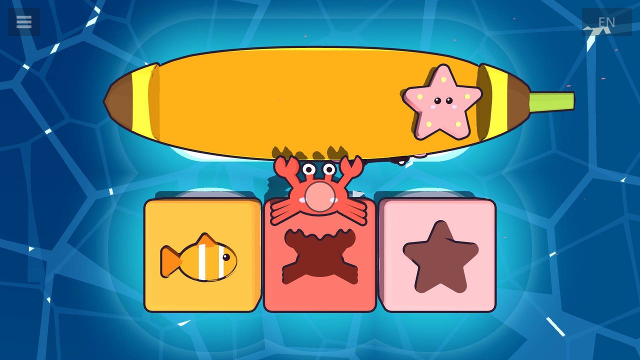 A fish in its hole, a crab dropping into the crab-shaped hole, and a starfish waiting