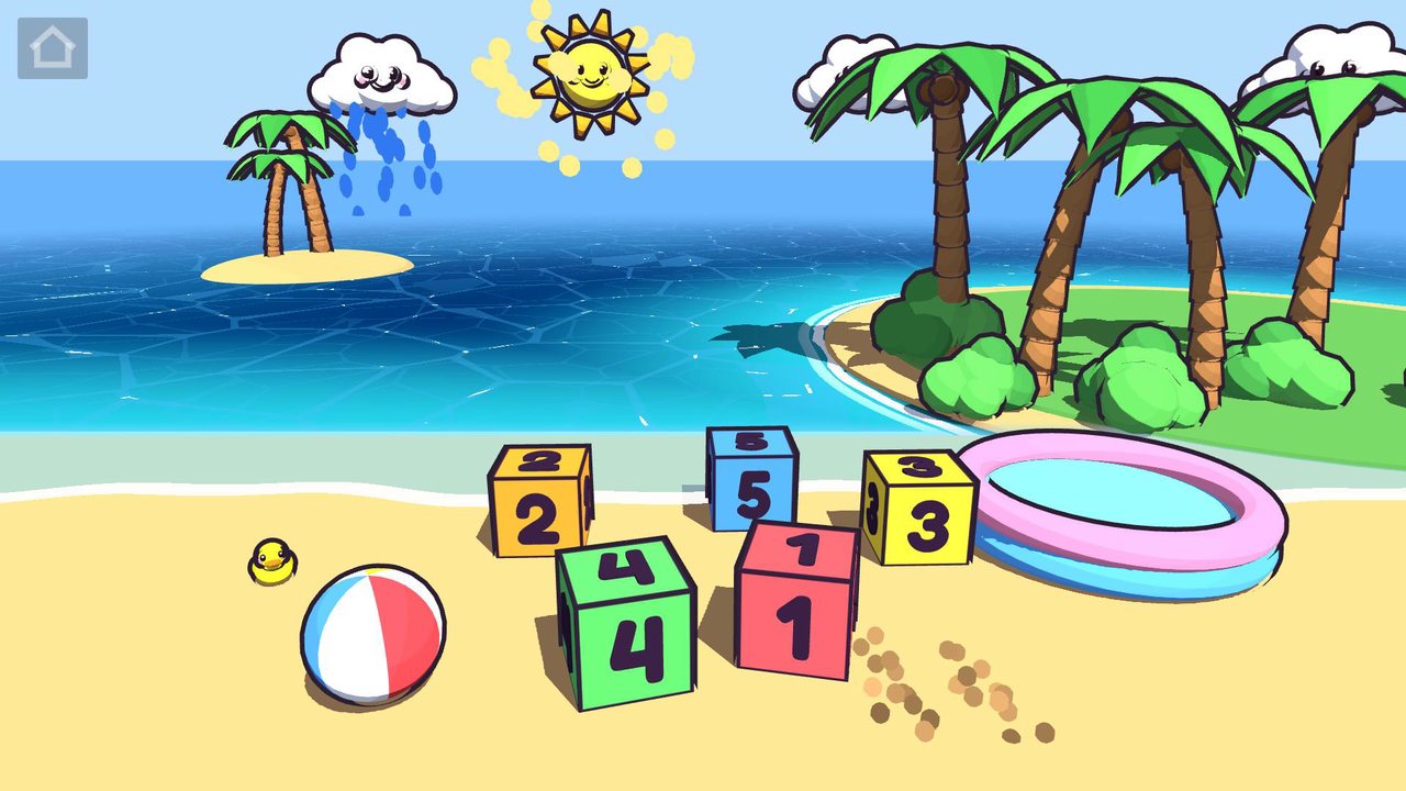 The beach Playground: a sparkling sun, a raining cloud, number blocks, a beach ball, a rubber duck and a puff of sand