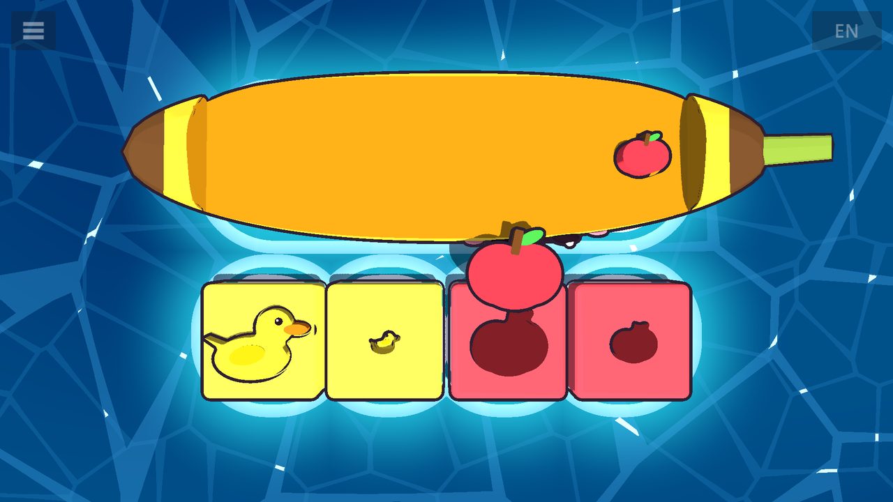 A large duck and a small duck in their own-sized holes, with the large apple dropping into its hole and the small apple waiting on the banana boat