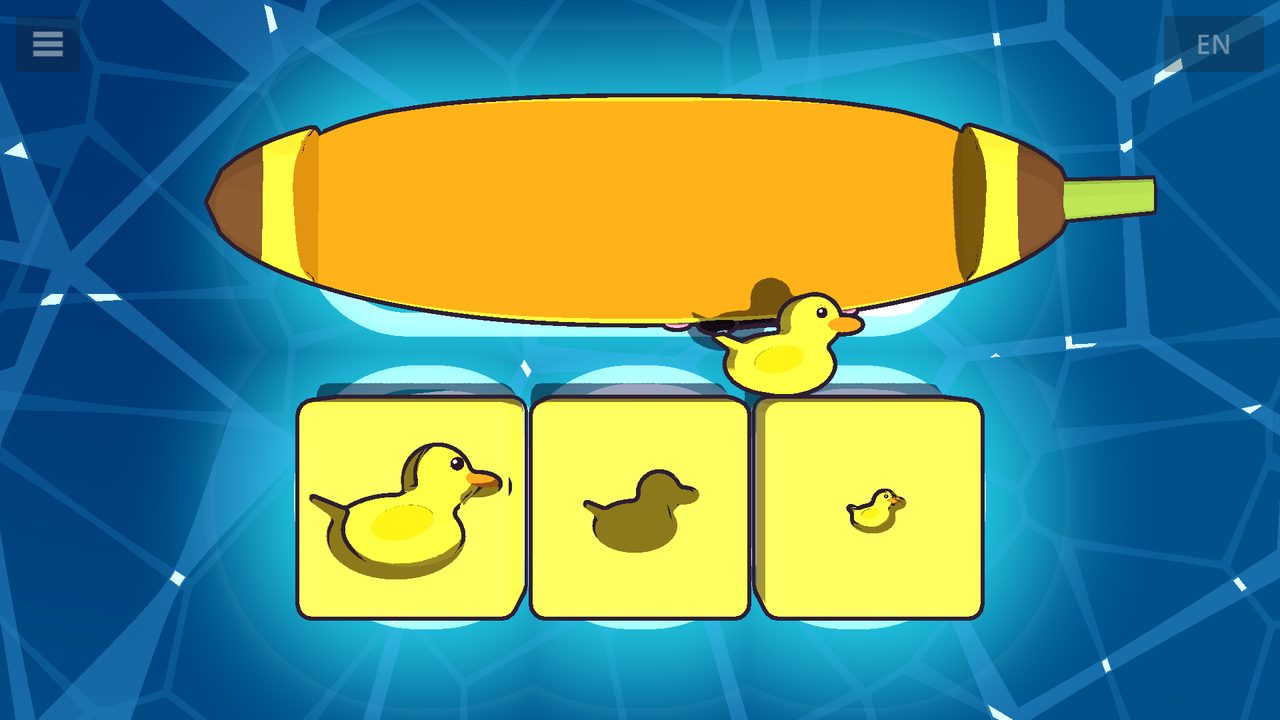 A row of large, medium and small duck holes, with the medium duck on its way to the middle hole