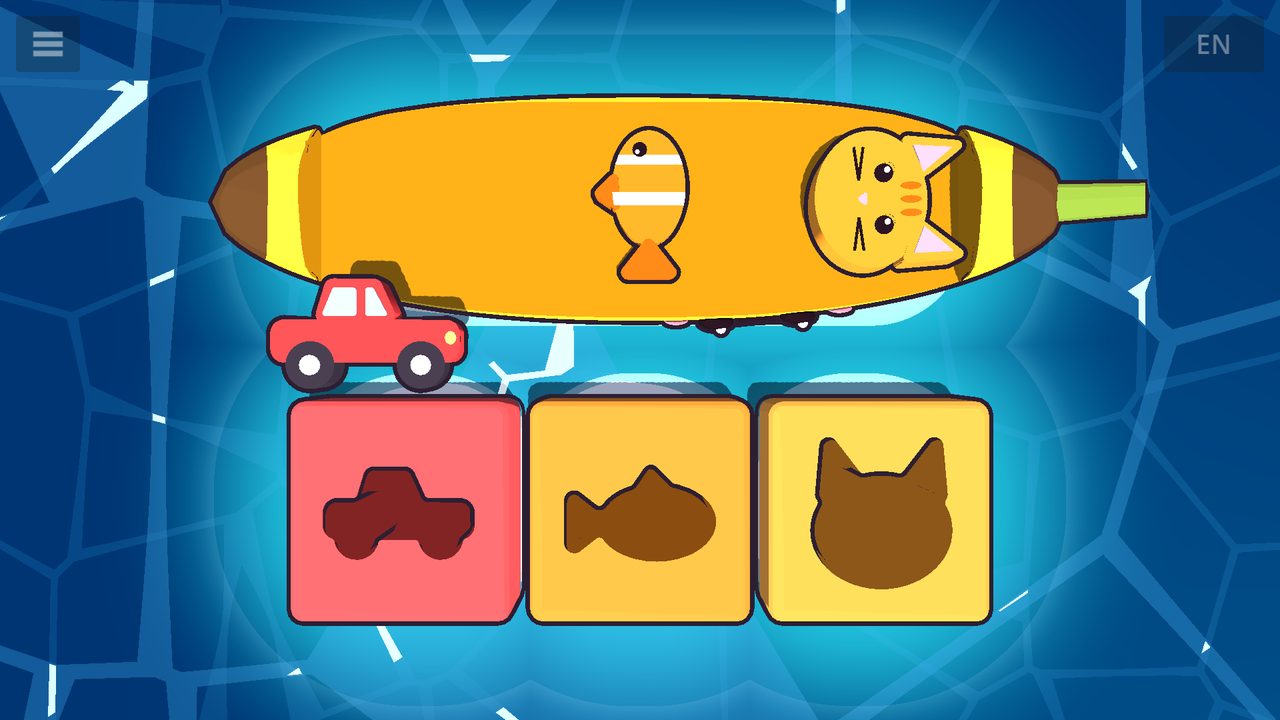 A car turned straight and heading for its car-shaped hole, while a fish and a cat still lie sideways on the banana boat