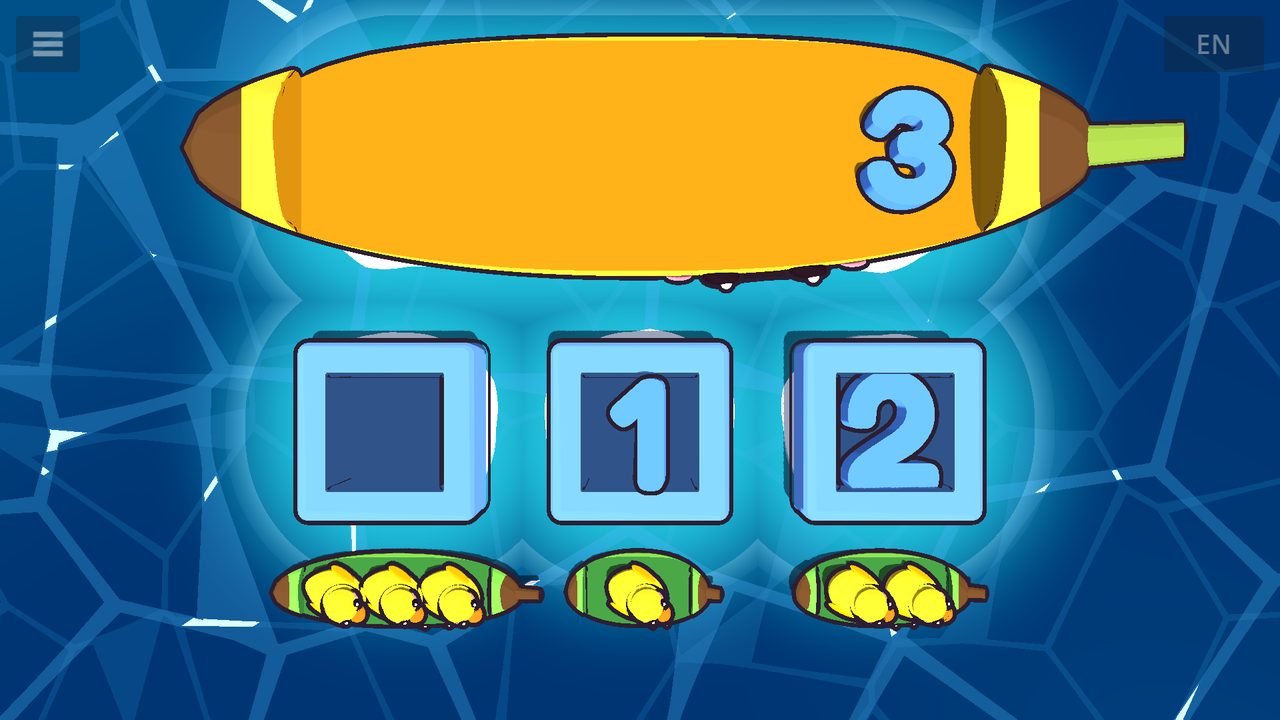 Numbers 1 and 2 in the holes beside boats of one and two ducks, with the 3 still on the banana boat