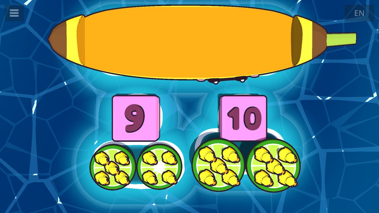 Lime-slice boats carrying nine and ten ducks docked at the numbers 9 and 10