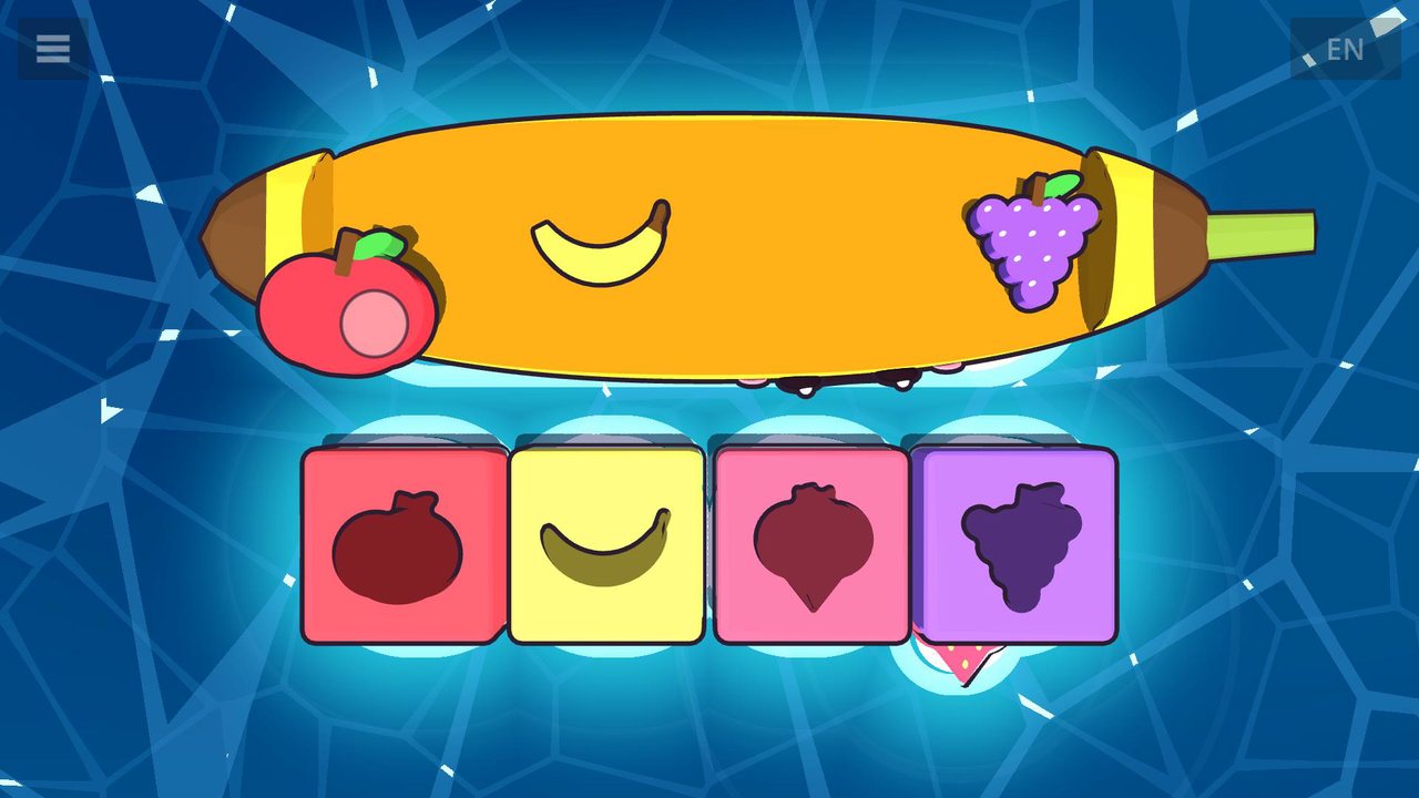 An apple on its way to an apple-shaped hole, with other fruit-shaped holes beside it