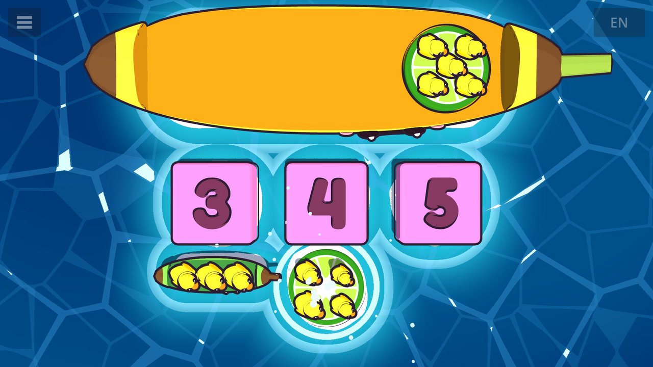 Boats carrying three, four and five rubber ducks docking at their matching numbers