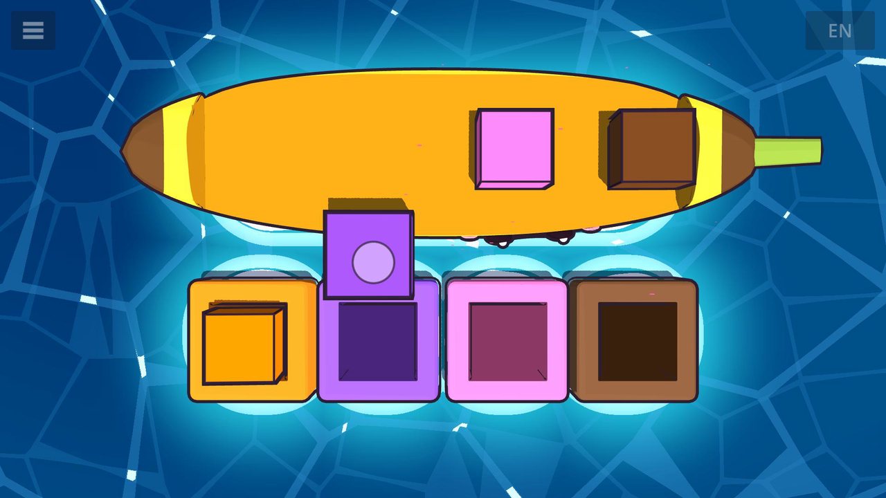 A purple block dropping into its purple hole, with orange already home and pink and brown blocks still on the banana boat