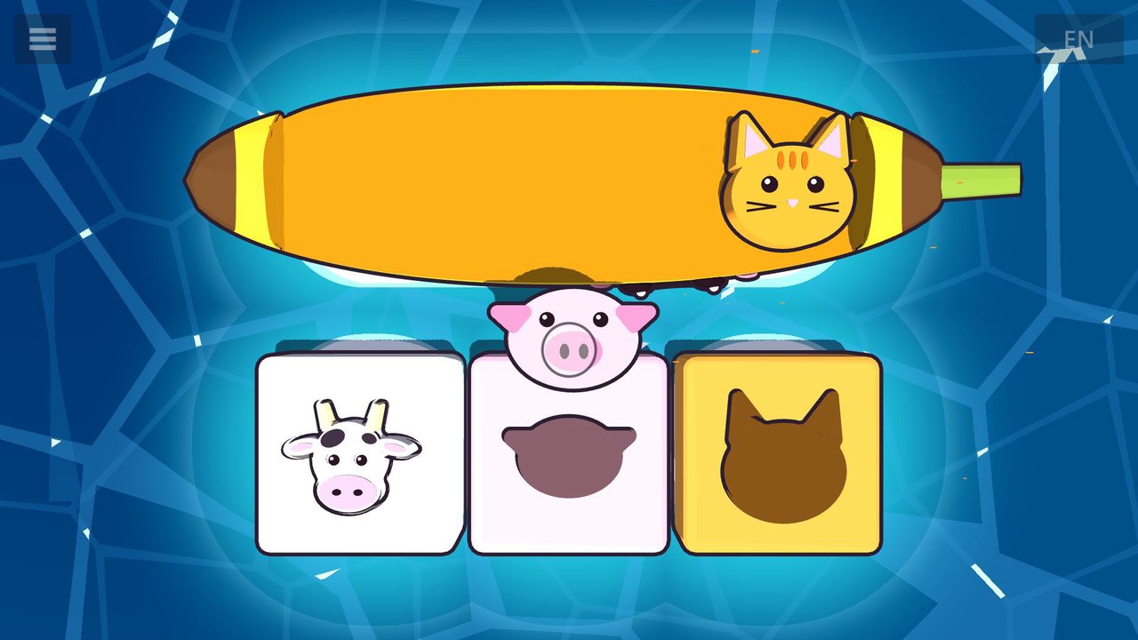 A cow in its hole, a pig dropping into the pig-shaped hole, and a cat waiting on the banana boat
